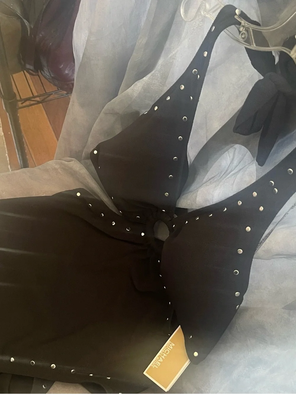 Women's Crepe Ring Halter Cut-Out One-Piece Swimsuit with Studs